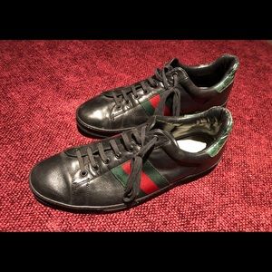 Gucci Stripe Black Leather Crocodile Trim Sneaker